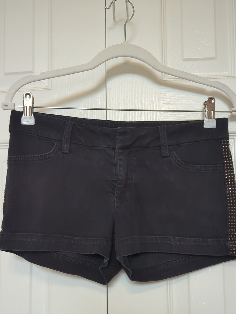 Bebe Black Jean Shorts With Rhinestone Strip Down The Side Size 27